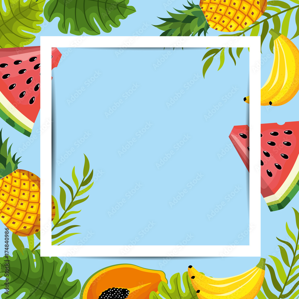 Wall mural frame design with tropical fruit background - Wall murals