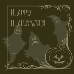 Background for Holiday Halloween Design, Cartoon Ghosts Silhouettes and Pumpkin Jack O Lantern Contours. Vector