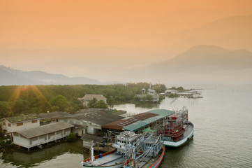 beautiful morning fishing boats village at Thailand