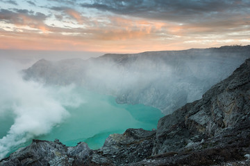 View from Ijen Crater, Sulfur fume at Kawah Ijen, Vocalno in Indenesia