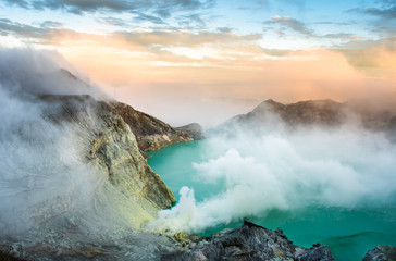 View from Ijen Crater, Sulfur fume at Kawah Ijen, Vocalno in Indenesia