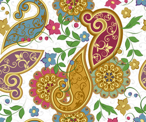 Abstract vintage pattern with decorative flowers, leaves and Paisley pattern in Oriental style.