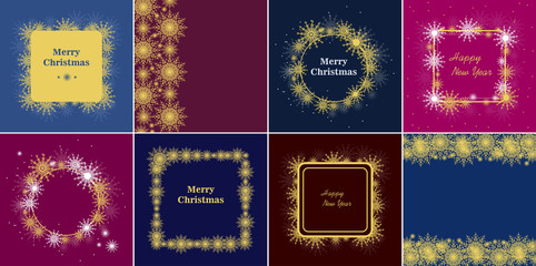 Decorative square Christmas and New year round frame. Set of 9 frames with snowflakes. Winter card border. Vector background.