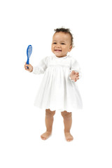 Cute little baby in beautiful dress, isolated on white