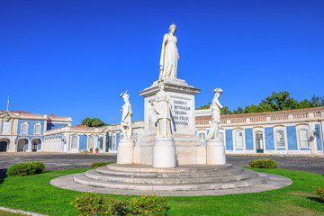 Statue of Queen Maria I of Portugal at entrance of National Palace of Queluz in Sintra, Lisbon district, Portugal. The Royal Palace of Queluz was the summer residence of the Portuguese royal family.