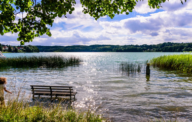 Fototapeta premium A beautiful seat on a bench in the lake of Buckow in the Märkische Schweiz at Schermützelsee. 