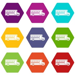 School bus icon set color hexahedron