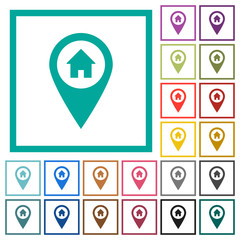 Home address GPS map location flat color icons with quadrant frames