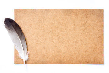 feather and grunge brown cardboard paper on white background
