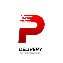 Letter P with Delivery service logo, Fast Speed, Moving and Quick, Digital and Technology for your Corporate identity - obrazy, fototapety, plakaty