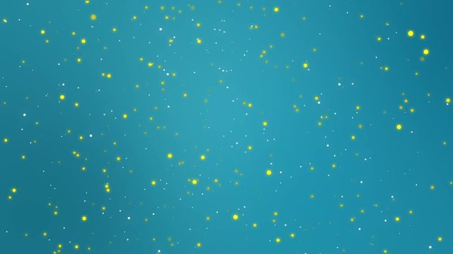Sparkling teal blue background with flickering white and yellow light particles.
