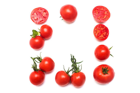 Tomatoes collection of whole and sliced isolated on white background. Tasty and healthy food. Flat lay, top view