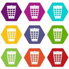 Trash can icon set color hexahedron