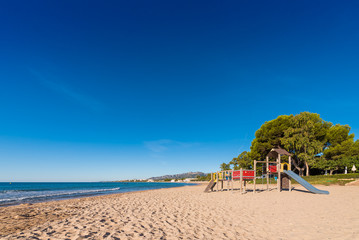 Sand beach in Miami Platja, Tarragona, Catalunya, Spain. Copy space for text.