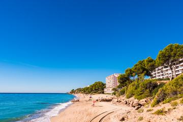 Sand beach in Miami Platja, Tarragona, Catalunya, Spain. Copy space for text.
