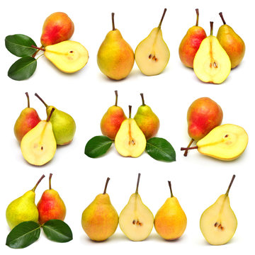 Collection pears cut into slices beautiful fruit isolated on white background. Delicious and healthy food for weight loss and after sports.
