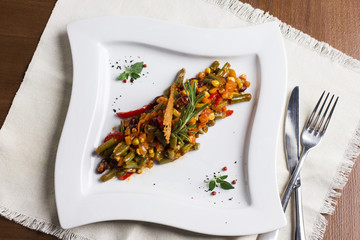 baked corn, pepper, beans. mexican food. view from top