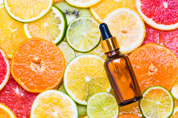 Essential citrus fruit oil, vitamin c serum, beauty care natural cosmetic.