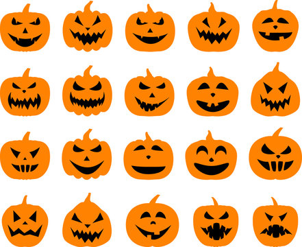 Halloween pumpkin faces set on white.