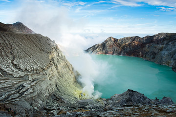 View from Ijen Crater, Sulfur fume at Kawah Ijen, Vocalno in Indenesia