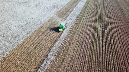 Aerial view of a Large green Cotton picker working in a field.
