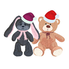 Cute plush toys in Christmas caps