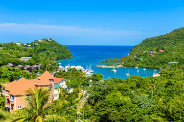 Marigot Bay, Saint Lucia, Caribbean. Tropical bay and beach in exotic and paradise landscape...