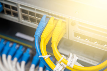 Network cables connected in a technology data center.