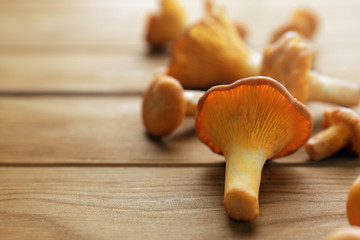 Chanterelles on wooden background