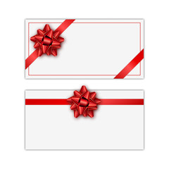 Set of white holiday gift card with red ribbon and bow. Template for a business card, banner, poster, notebook, invitation