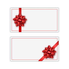 Set of white holiday gift card with red ribbon and bow. Template for a business card, banner, poster, notebook, invitation