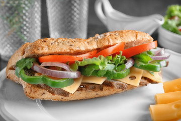 Delicious steak sandwich on plate, closeup