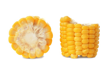 Pieces of ripe corn cob on white background