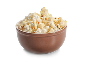 Bowl with popcorn on white background