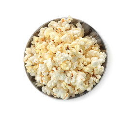 Metal bowl with popcorn on white background