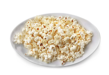 Fototapeta na wymiar Plate with popcorn on white background