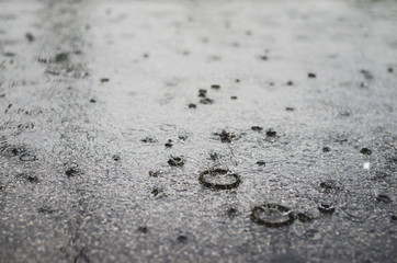water drop from rainfall on the concrete floor. loneliness with falling rain in rainy.