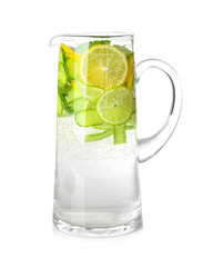 Jug of fresh cucumber water with lemon, isolated on white