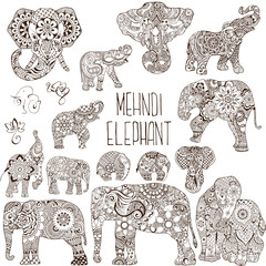 Naklejka premium Elephants in the style of mehendi.