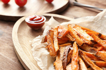 Sweet potato fries on table