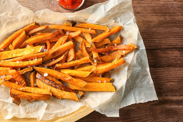 Sweet potato fries on table