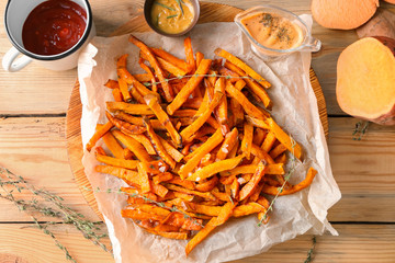 Sweet potato fries on table