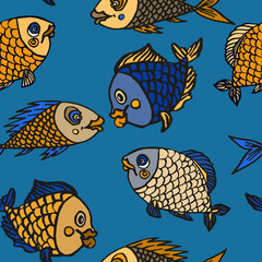 Funny yellow and blue fishes, hand drawn doodle, sketch in naïve, pop art style, seamless pattern design on blue background