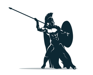 Spartan warrior stylized illustration. Warrior throws javelin. - obrazy, fototapety, plakaty