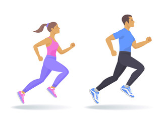 Fototapeta na wymiar The running people set. Side view of active sporty running young woman and man in sportswear. Sport, jogging, fitness, workout, training concept. Flat vector illustration isolated on white background