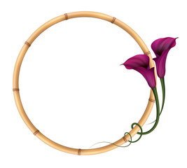 Realistic violet calla lily, bamboo frame. The symbol of Royal beauty.