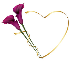 Realistic violet calla lily, romantic frame. The symbol of Royal beauty. - obrazy, fototapety, plakaty