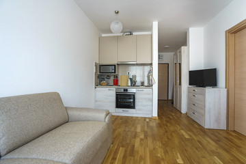 Interior of a living room with kitchen in a private house