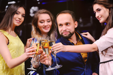 group of friends having fun at the party with a glass of wine or champagne. Holiday, event, celebration, birthday.