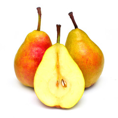 Pears cut into slices beautiful fruit isolated on white background. Delicious and healthy food for weight loss and after sports.